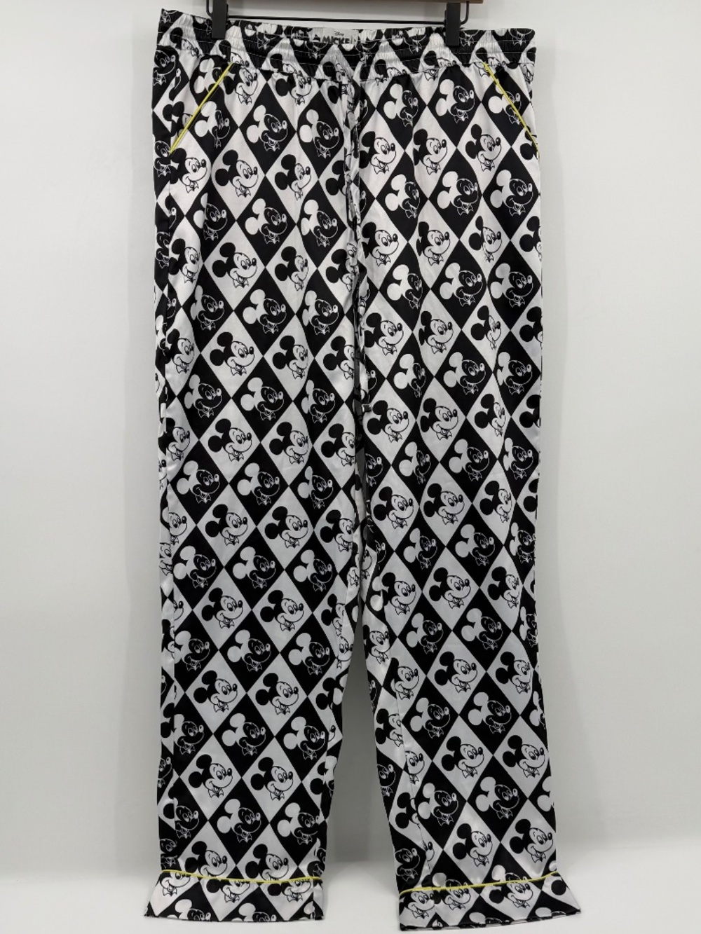 Disney Pajama Pants Men Large Black White Mickey Mouse Satin Drawstring Pockets